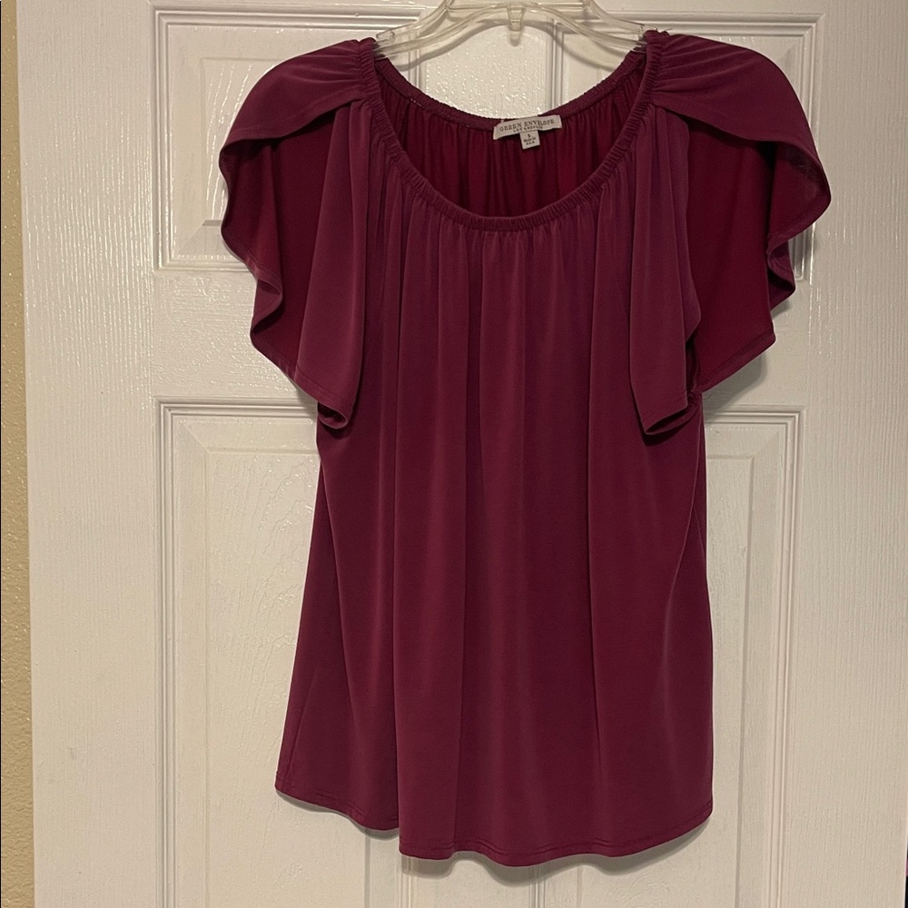 Green Envelope Magenta Plum Blouse with Sleeve Slits.